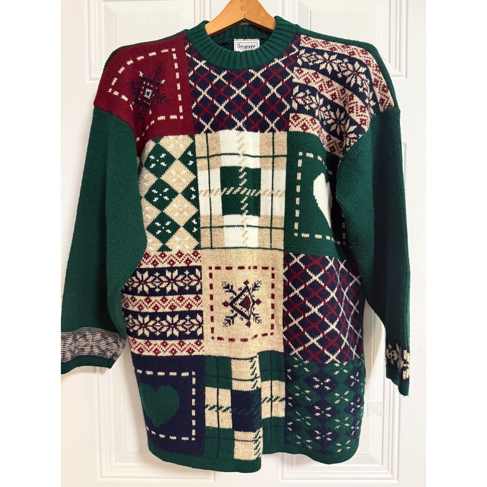 Sycamore Adele Knit Sweater Holiday Retro Patchwork Cozy Thick‎ Snowflake Y2K